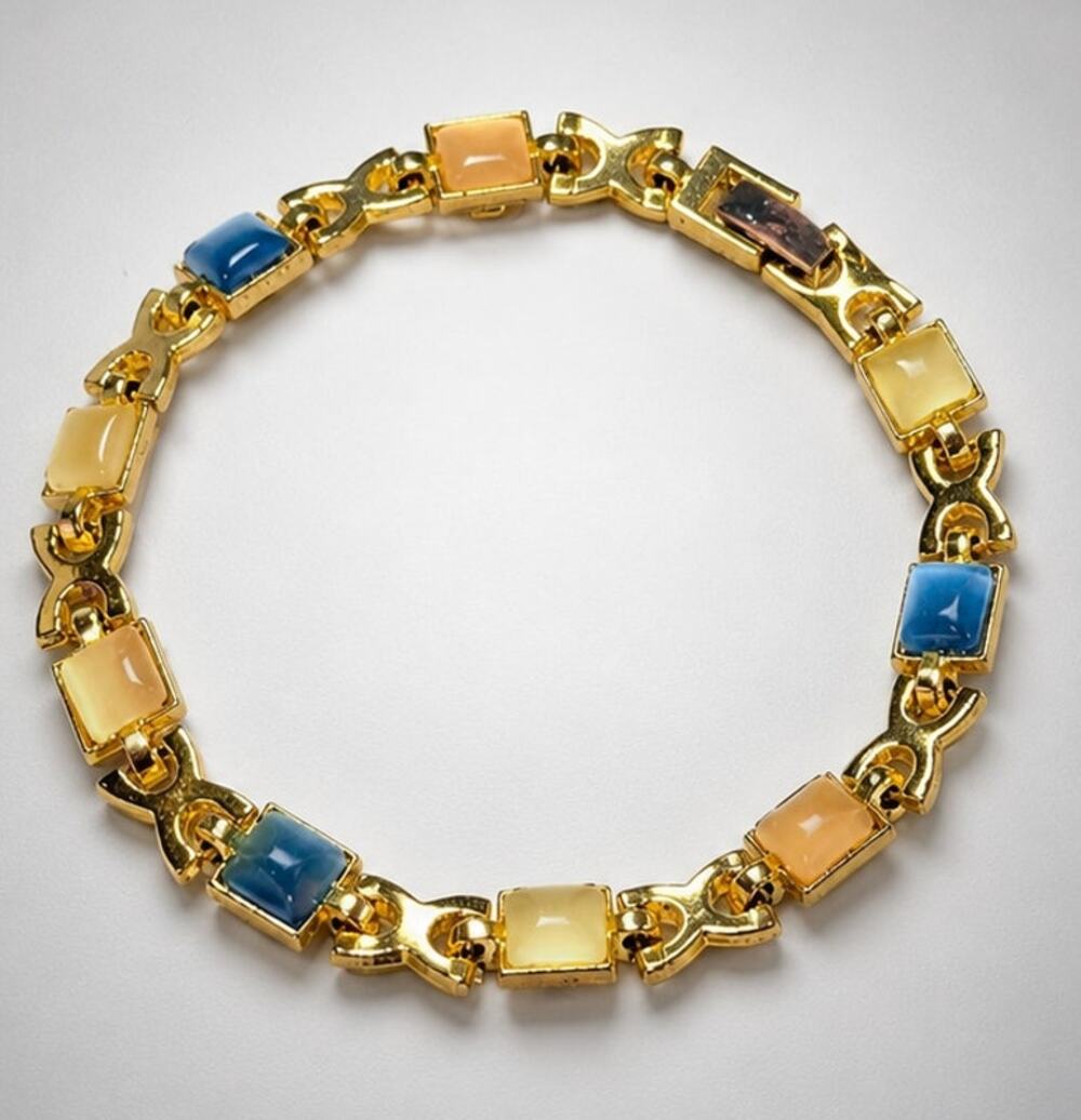 Vintage‎ Glass Bracelet 7" Blue, Yellow Gold-tone Link Classic gbr-7